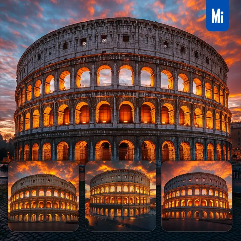 midjourney prompt Colosseum Rome dusk ancient amphitheater sky sunshine Italy historical photography