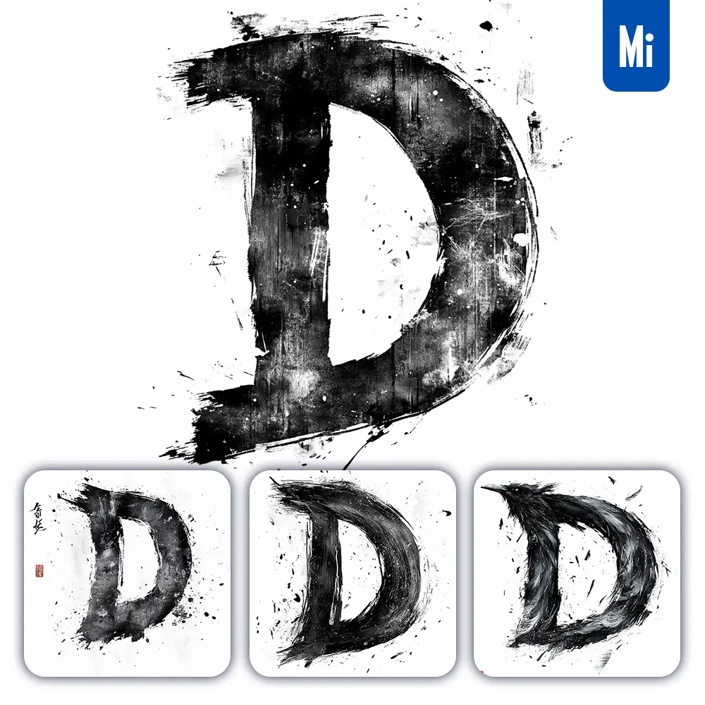 midjourney prompt D letter black white Chinese ink brushstroke calligraphy brush painting