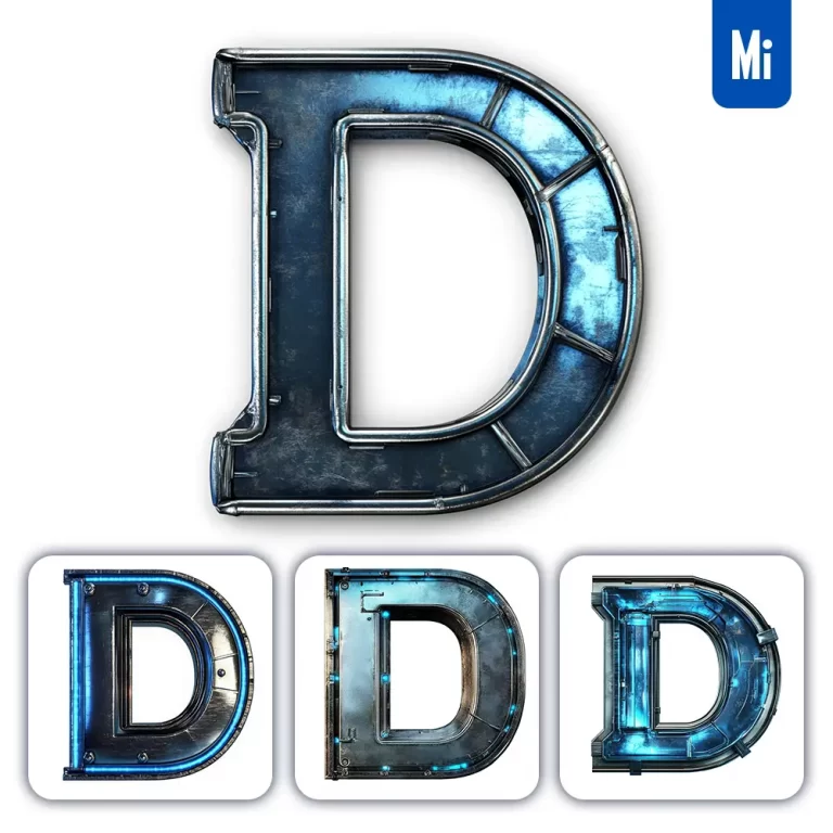 midjourney prompt D letter cyberpunk steel technology futuristic 3D blue