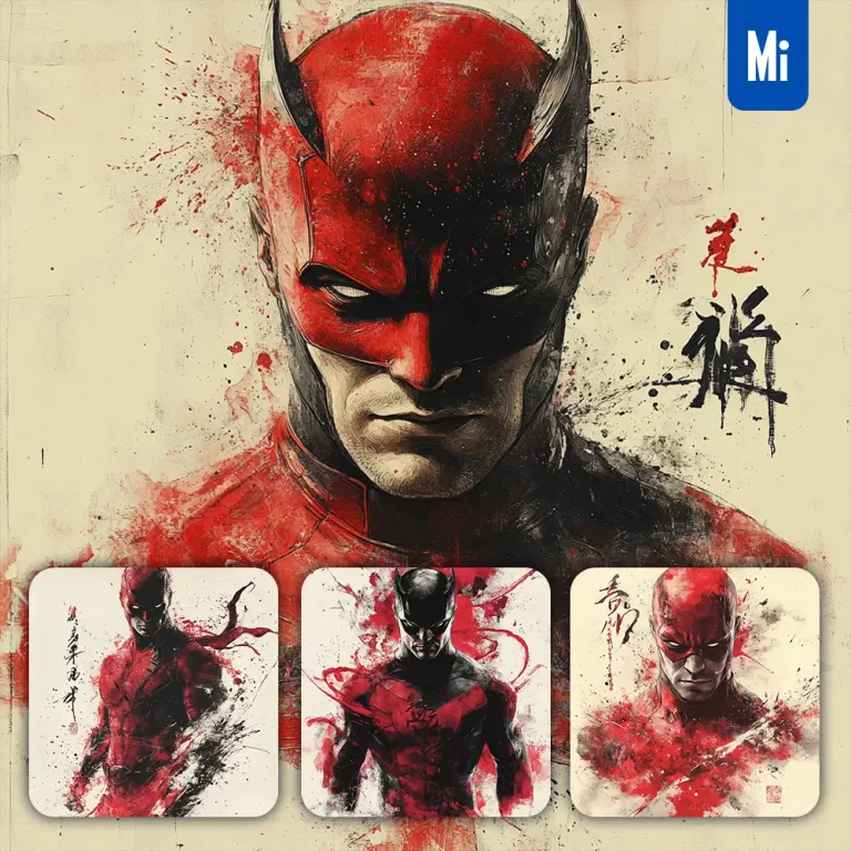 midjourney prompt Daredevil Marvel Comics front portrait Chinese ink painting brush strokes pose traditional artistic monochrome