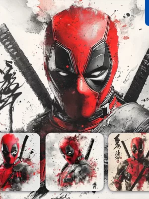 Midjourney Prompt Deadpool Marvel Comics Front Portrait Chinese Ink Painting Brush Strokes Pose Traditional Artistic Monochrome