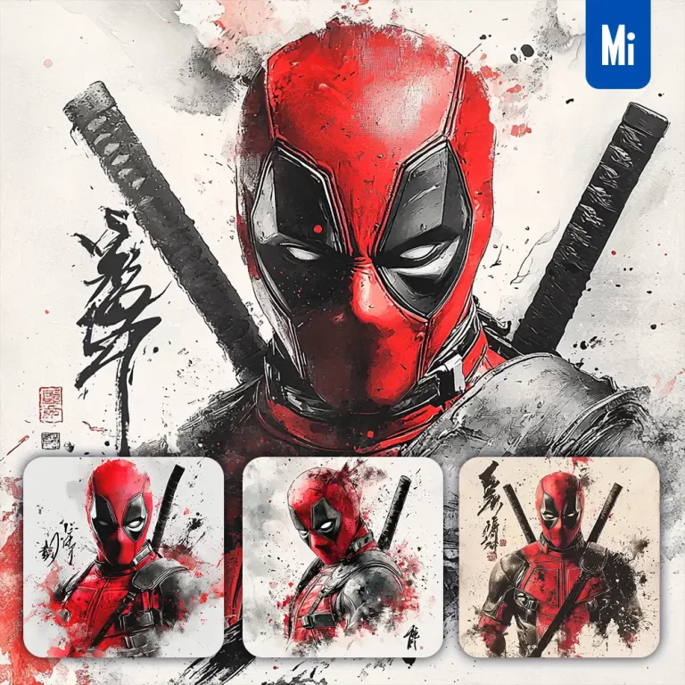 midjourney prompt Deadpool Marvel Comics front portrait Chinese ink painting brush strokes pose traditional artistic monochrome