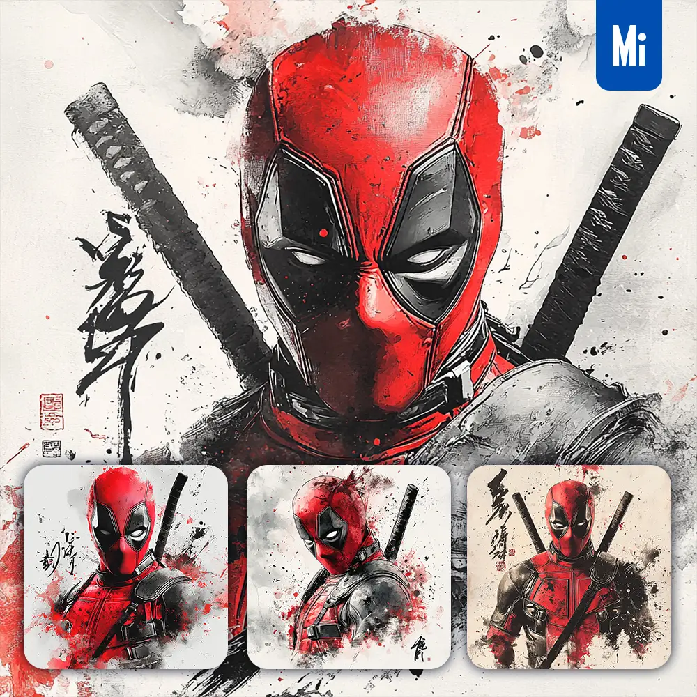 Midjourney Prompt Deadpool Marvel Comics Front Portrait Chinese Ink Painting Brush Strokes Pose Traditional Artistic Monochrome