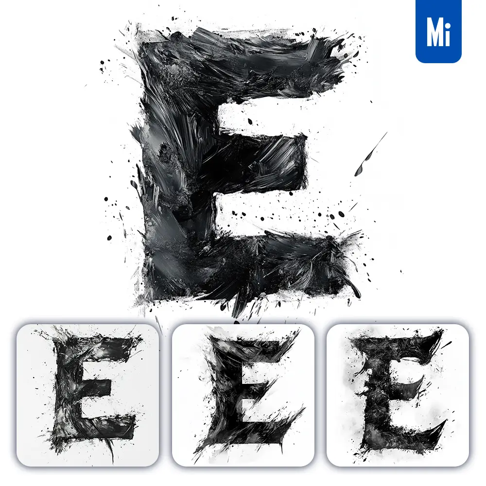 midjourney prompt E letter black white Chinese ink brushstroke calligraphy brush painting