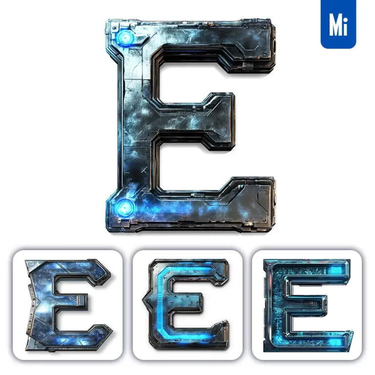 midjourney prompt E letter cyberpunk steel technology futuristic 3D blue