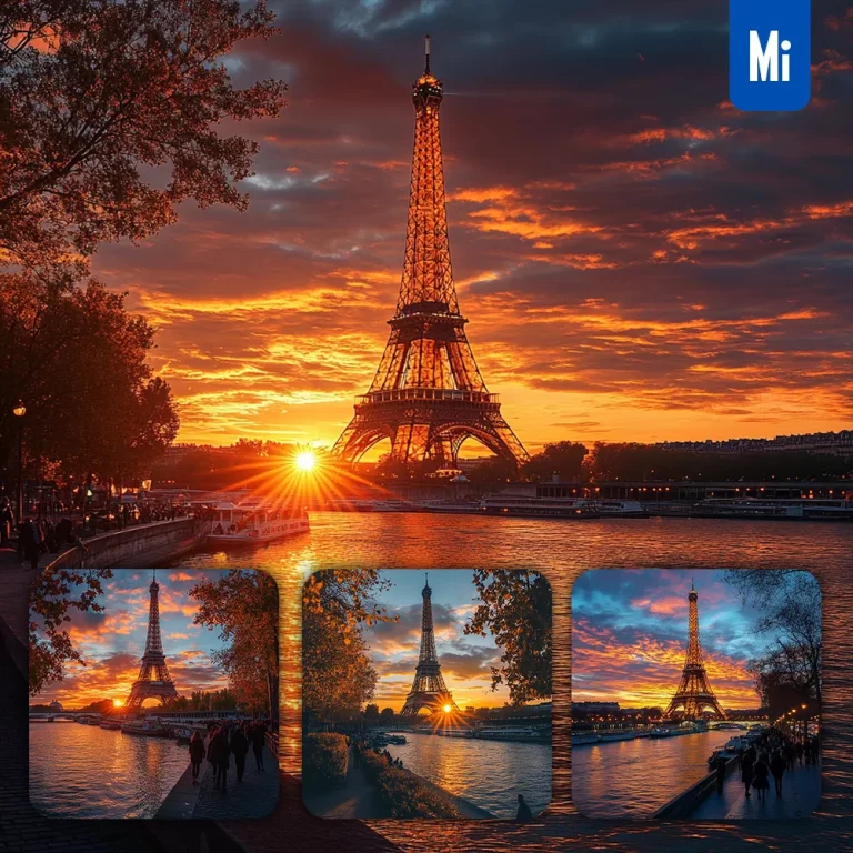 midjourney prompt Eiffel Tower Paris Seine River sunset urban photography