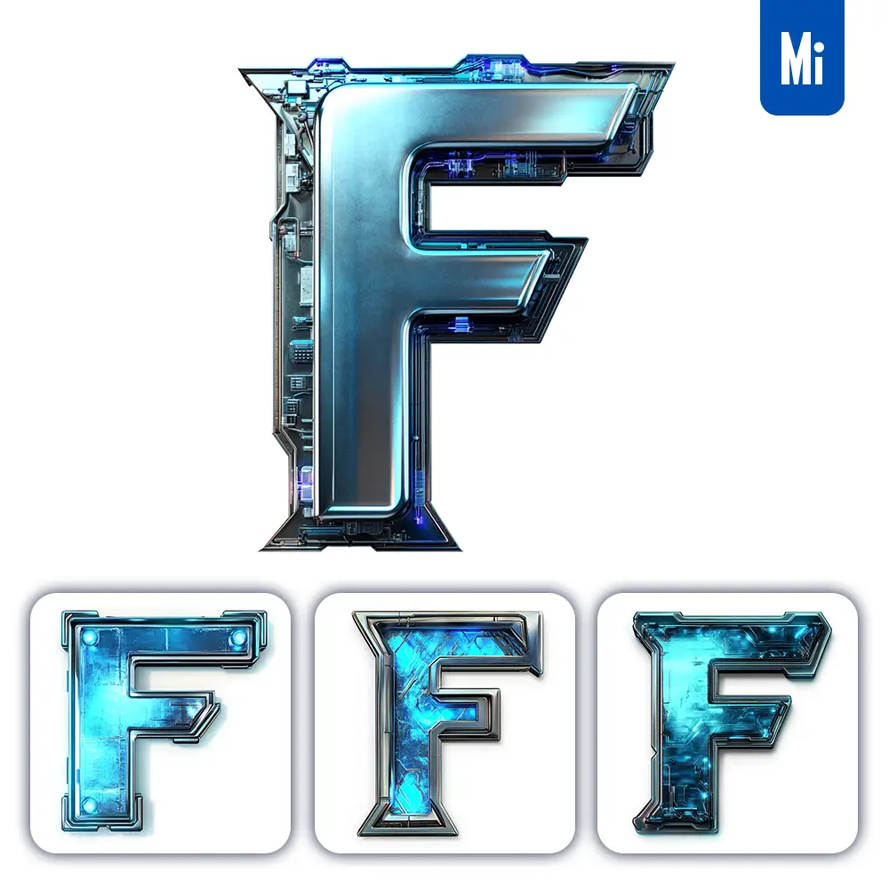 midjourney prompt F letter cyberpunk steel technology futuristic 3D blue