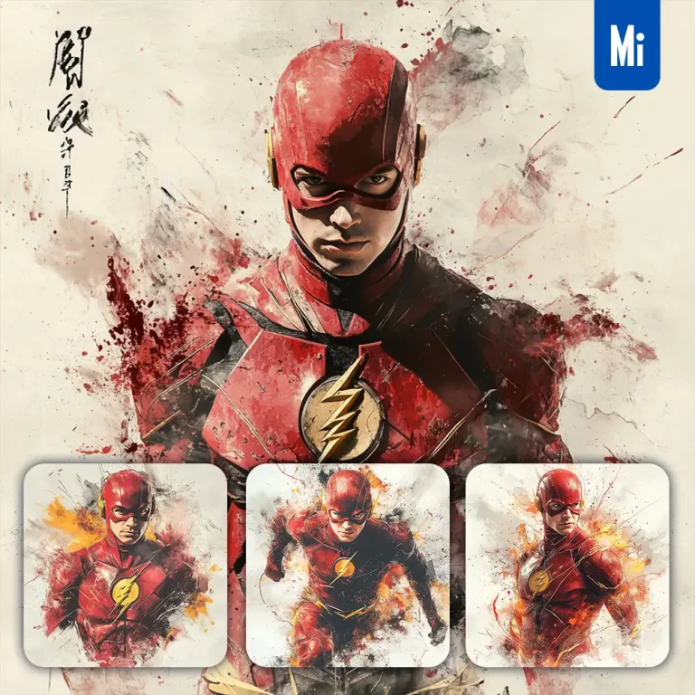 midjourney prompt Flash DC Comics front portrait Chinese ink painting brush strokes pose traditional artistic monochrome