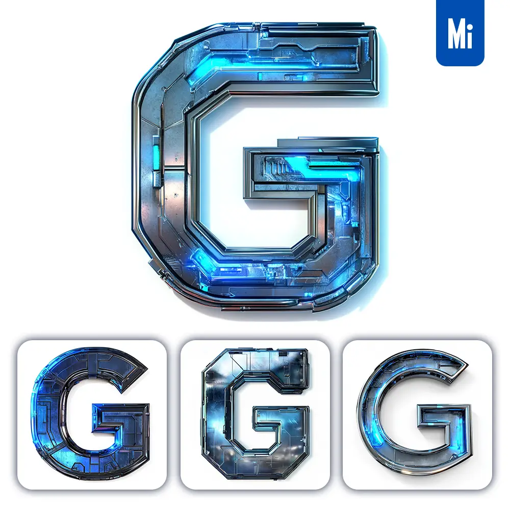midjourney prompt G letter cyberpunk steel technology futuristic 3D blue