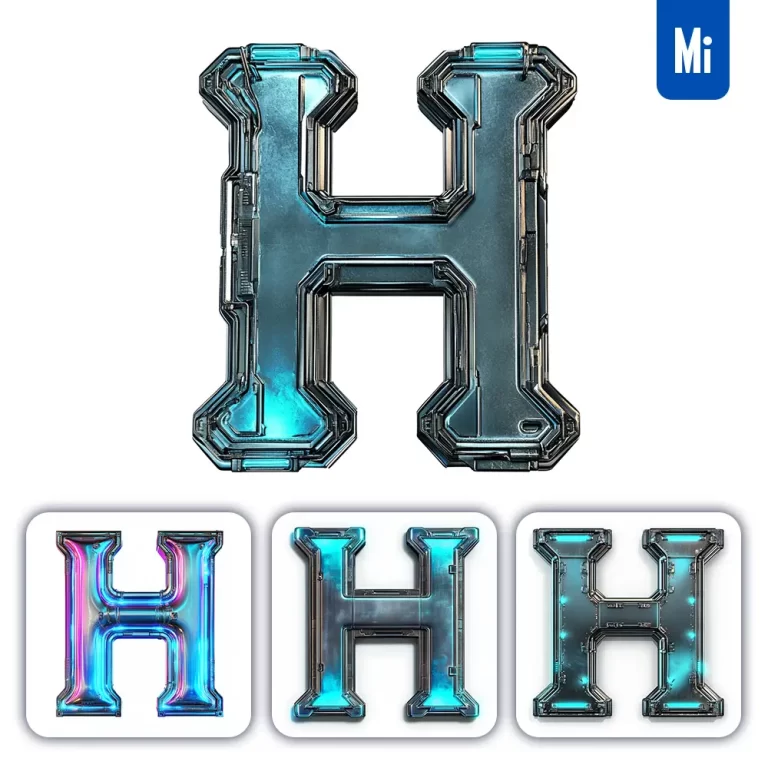 midjourney prompt H letter cyberpunk steel technology futuristic 3D blue