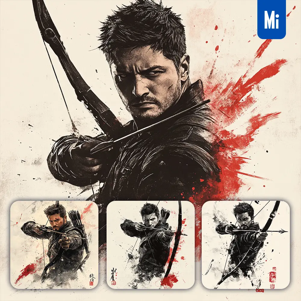 Midjourney Prompt Hawkeye Marvel Comics Front Portrait Chinese Ink Painting Brush Strokes Pose Traditional Artistic Monochrome