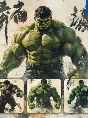 Midjourney Prompt Hulk Marvel Comics Front Portrait Chinese Ink Painting Brush Strokes Pose Traditional Artistic Monochrome