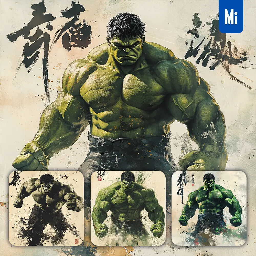 Midjourney Prompt Hulk Marvel Comics Front Portrait Chinese Ink Painting Brush Strokes Pose Traditional Artistic Monochrome