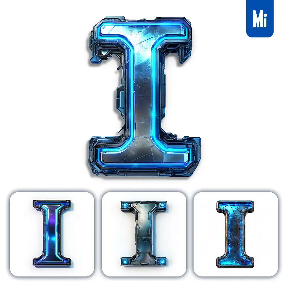 midjourney prompt I letter cyberpunk steel technology futuristic 3D blue