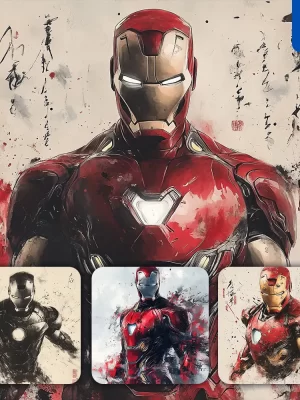 Midjourney Prompt Iron Man Marvel Comics Front Portrait Chinese Ink Painting Brush Strokes Pose Traditional Artistic Monochrome