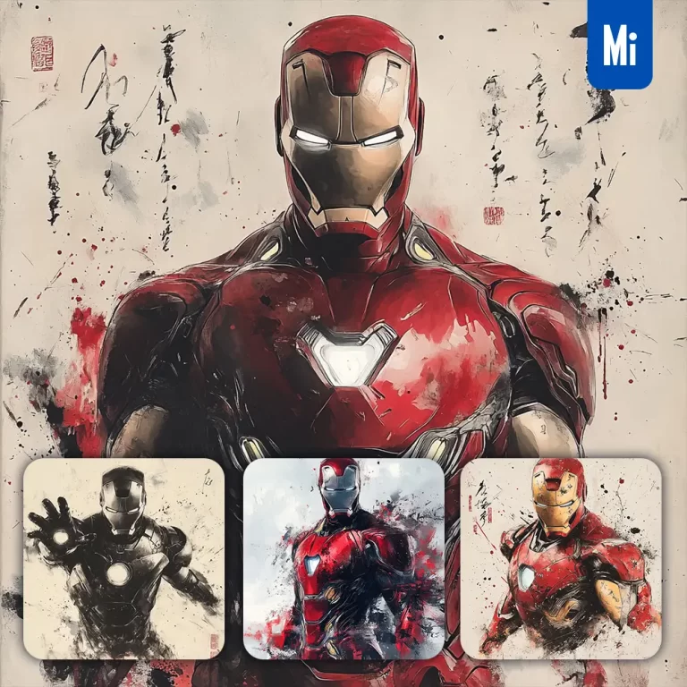midjourney prompt Iron Man Marvel Comics front portrait Chinese ink painting brush strokes pose traditional artistic monochrome