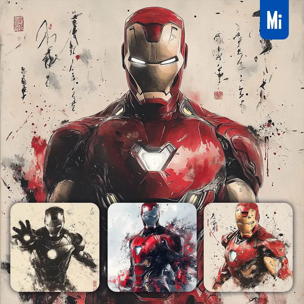 Midjourney Prompt Iron Man Marvel Comics Front Portrait Chinese Ink Painting Brush Strokes Pose Traditional Artistic Monochrome