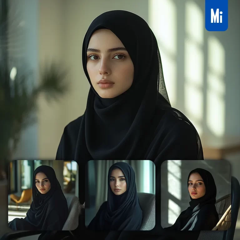 midjourney prompt Islam woman young female model black Hijab portrait photography