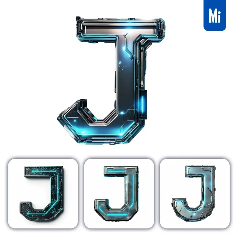 midjourney prompt J letter cyberpunk steel technology futuristic 3D blue