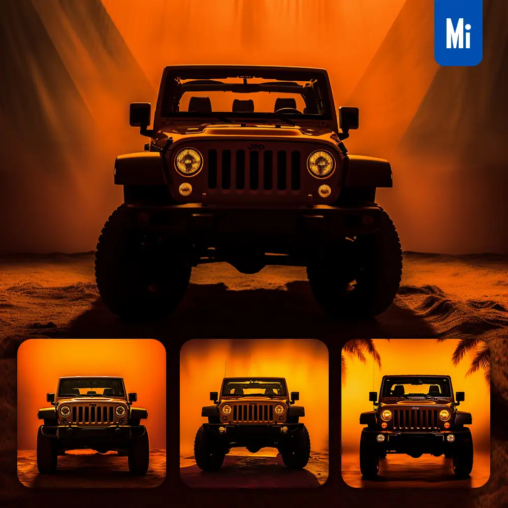 midjourney prompt JEEP wrangler front orange yellow silhouette photography