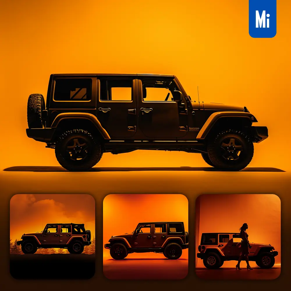midjourney prompt JEEP wrangler side orange yellow silhouette photography