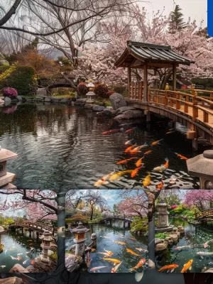 Midjourney Prompt Japanese Garden Pond Stone Lantern Cherry Blossom Koi Fish Bridge Water Landscape Photography