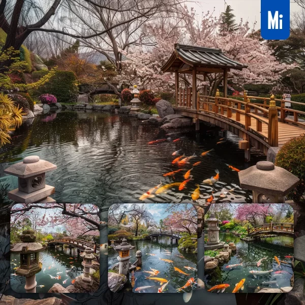 Midjourney Prompt Japanese Garden Pond Stone Lantern Cherry Blossom Koi Fish Bridge Water Landscape Photography