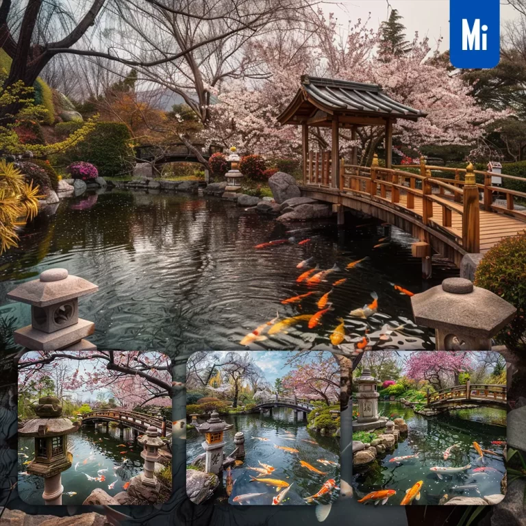midjourney prompt Japanese garden pond stone lantern cherry blossom koi fish bridge water landscape photography