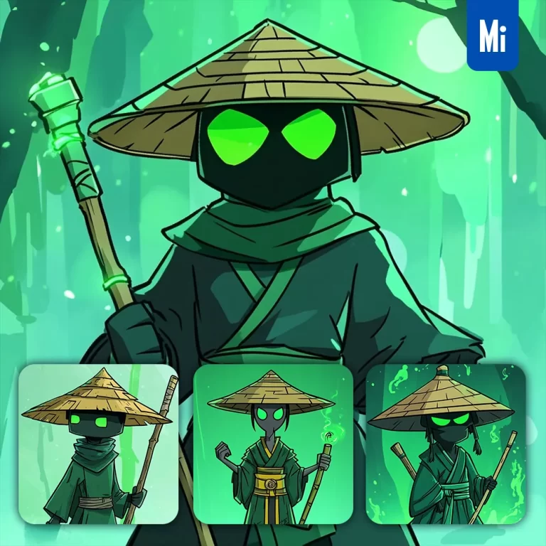 midjourney prompt Japanese sensei straw hat green kimono staff cartoon animation