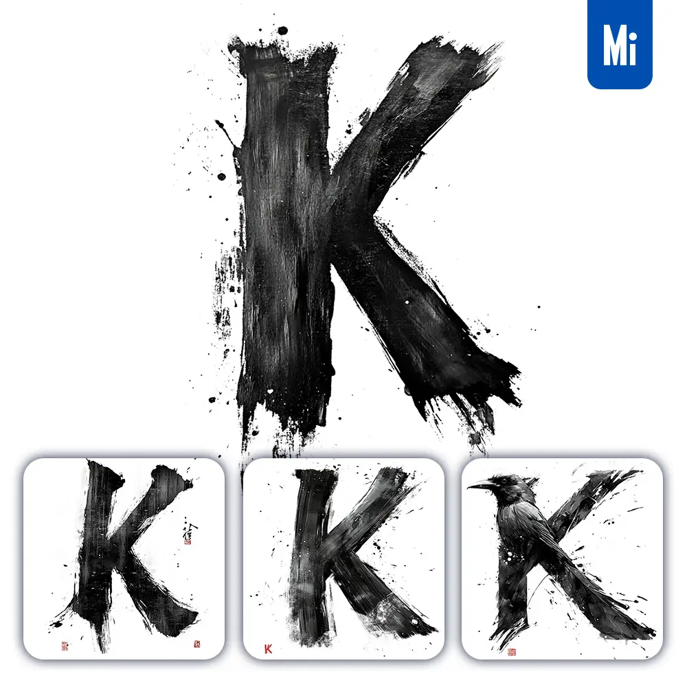 Midjourney Prompt K Letter Black White Chinese Ink Brushstroke Calligraphy Brush Painting