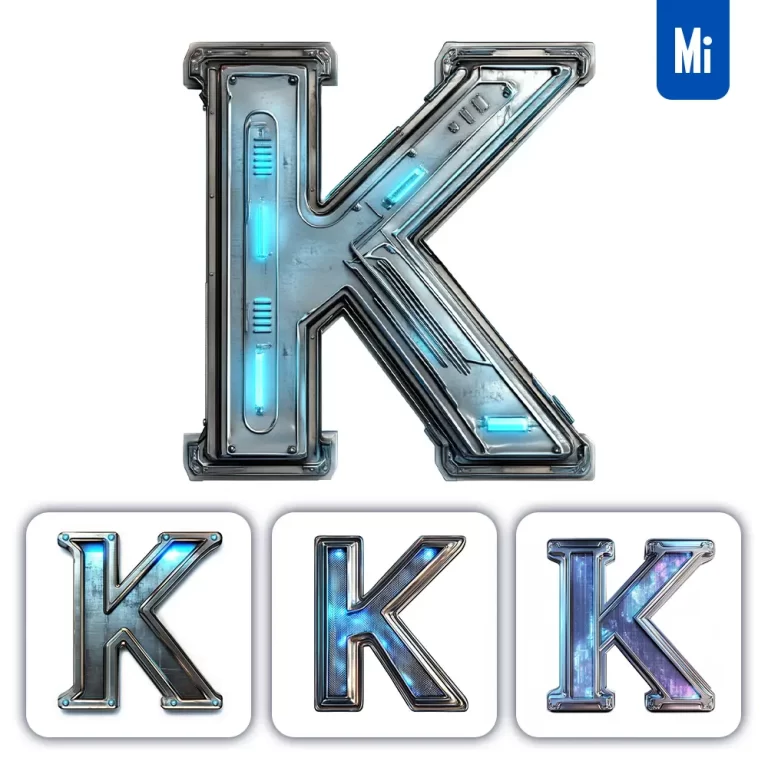 midjourney prompt K letter cyberpunk steel technology futuristic 3D blue