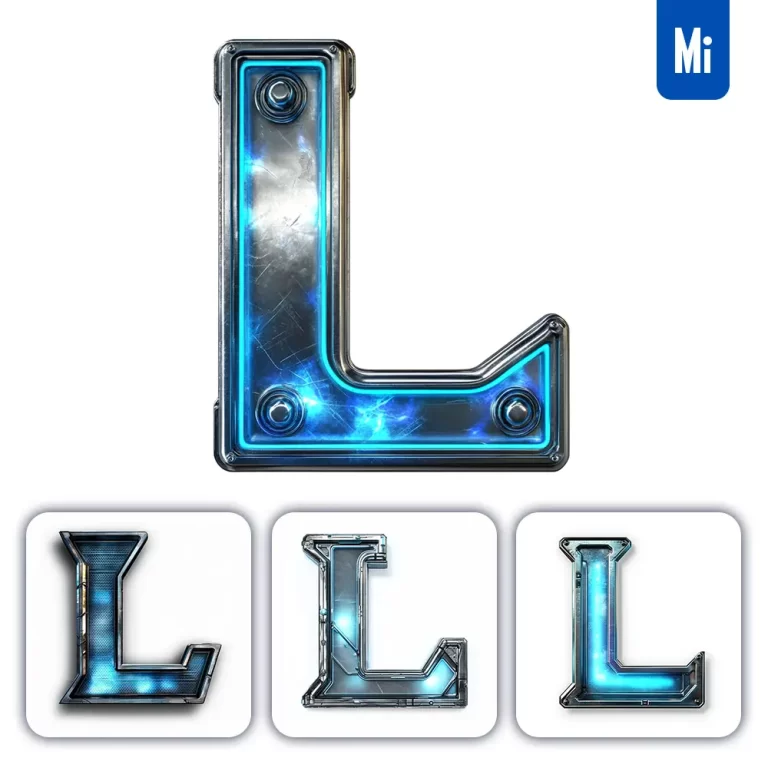 midjourney prompt L letter cyberpunk steel technology futuristic 3D blue
