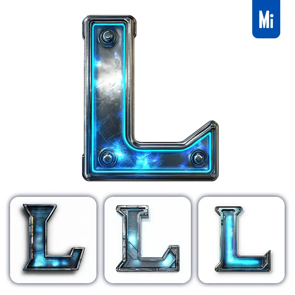 midjourney prompt L letter cyberpunk steel technology futuristic 3D blue