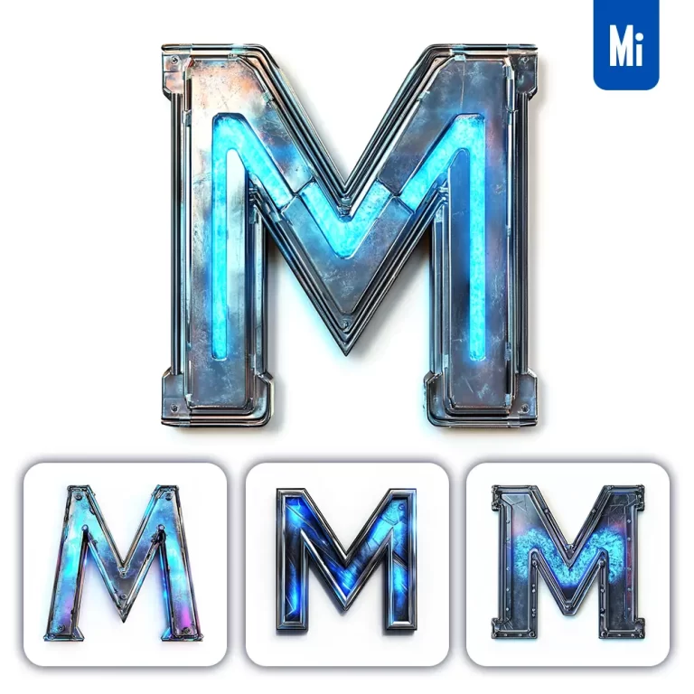 midjourney prompt M letter cyberpunk steel technology futuristic 3D blue