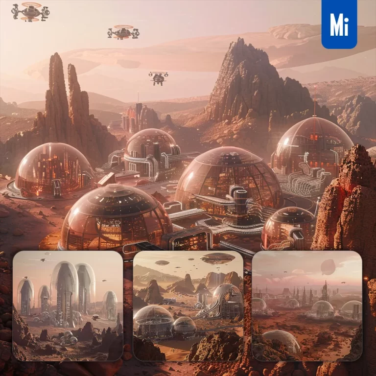 midjourney prompt Mars futuristic city building rocky terrain glass dome sci-fi photography