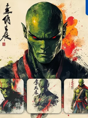 Midjourney Prompt Martian Manhunter Dc Comics Front Portrait Chinese Ink Painting Brush Strokes Pose Traditional Artistic Monochrome