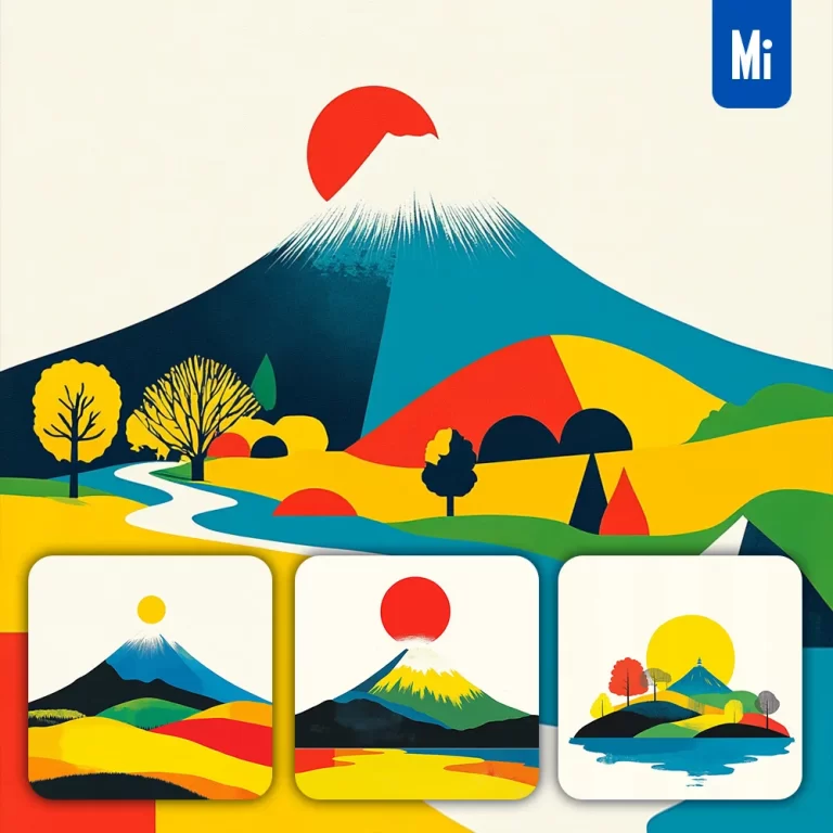 midjourney prompt Mount Fuji Japan skyline vector cartoon colorful illustration
