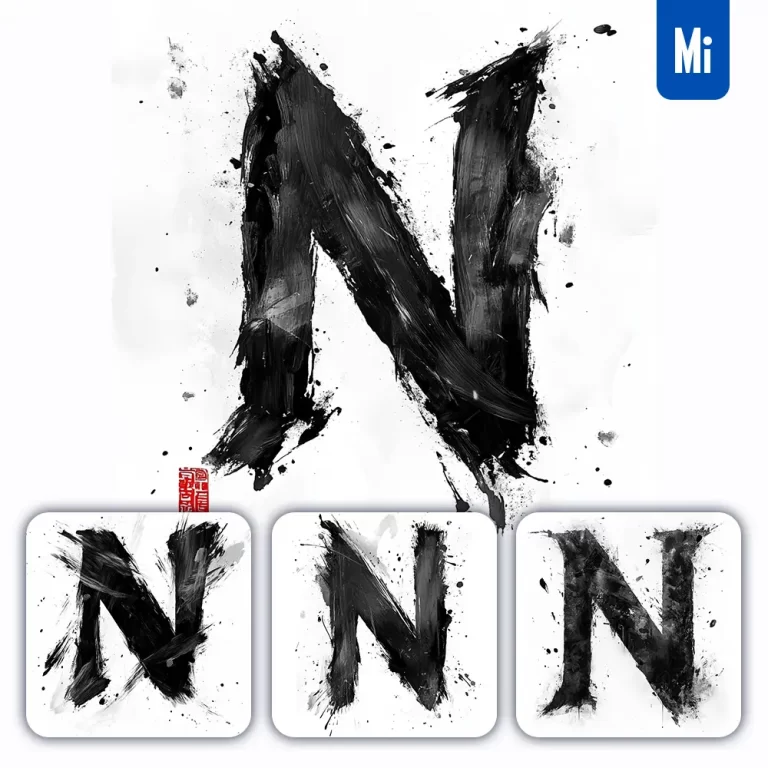 midjourney prompt N letter black white Chinese ink brushstroke calligraphy brush painting