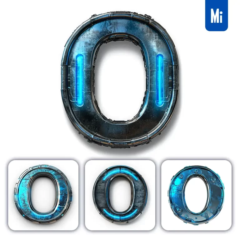 midjourney prompt O letter cyberpunk steel technology futuristic 3D blue