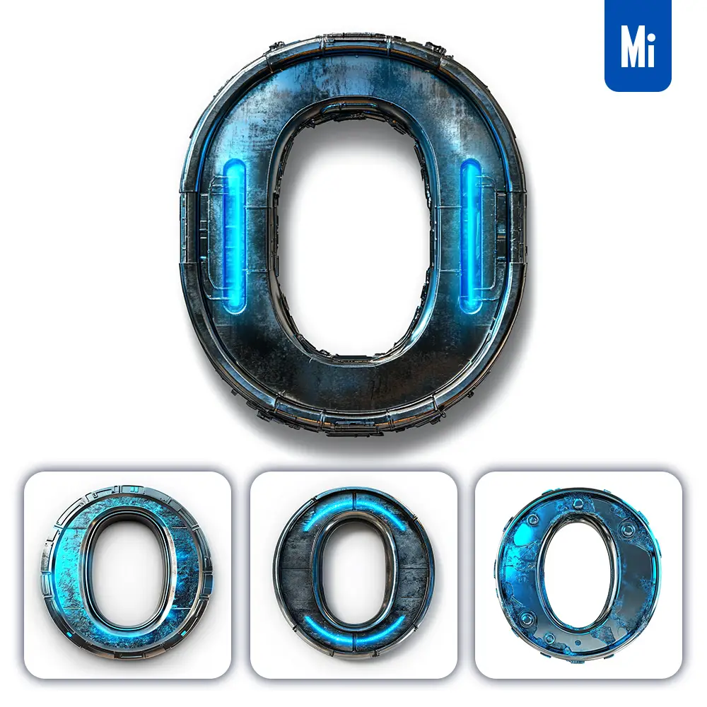 midjourney prompt O letter cyberpunk steel technology futuristic 3D blue