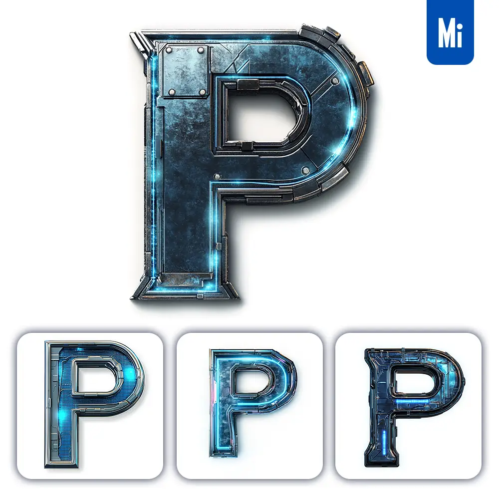 midjourney prompt P letter cyberpunk steel technology futuristic 3D blue