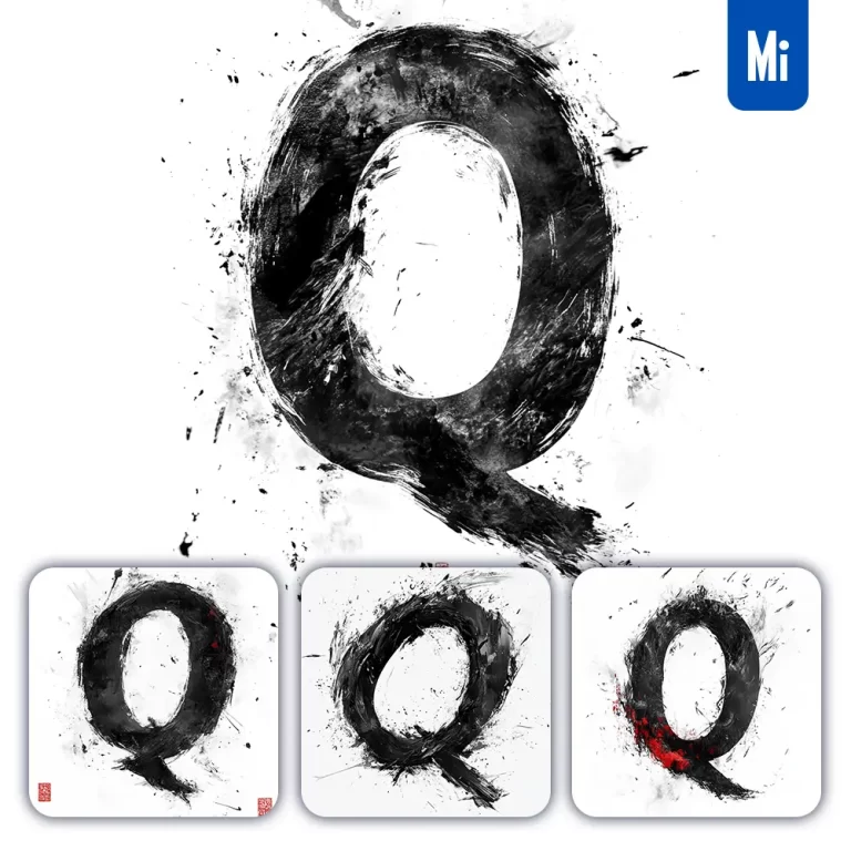 midjourney prompt Q letter black white Chinese ink brushstroke calligraphy brush painting