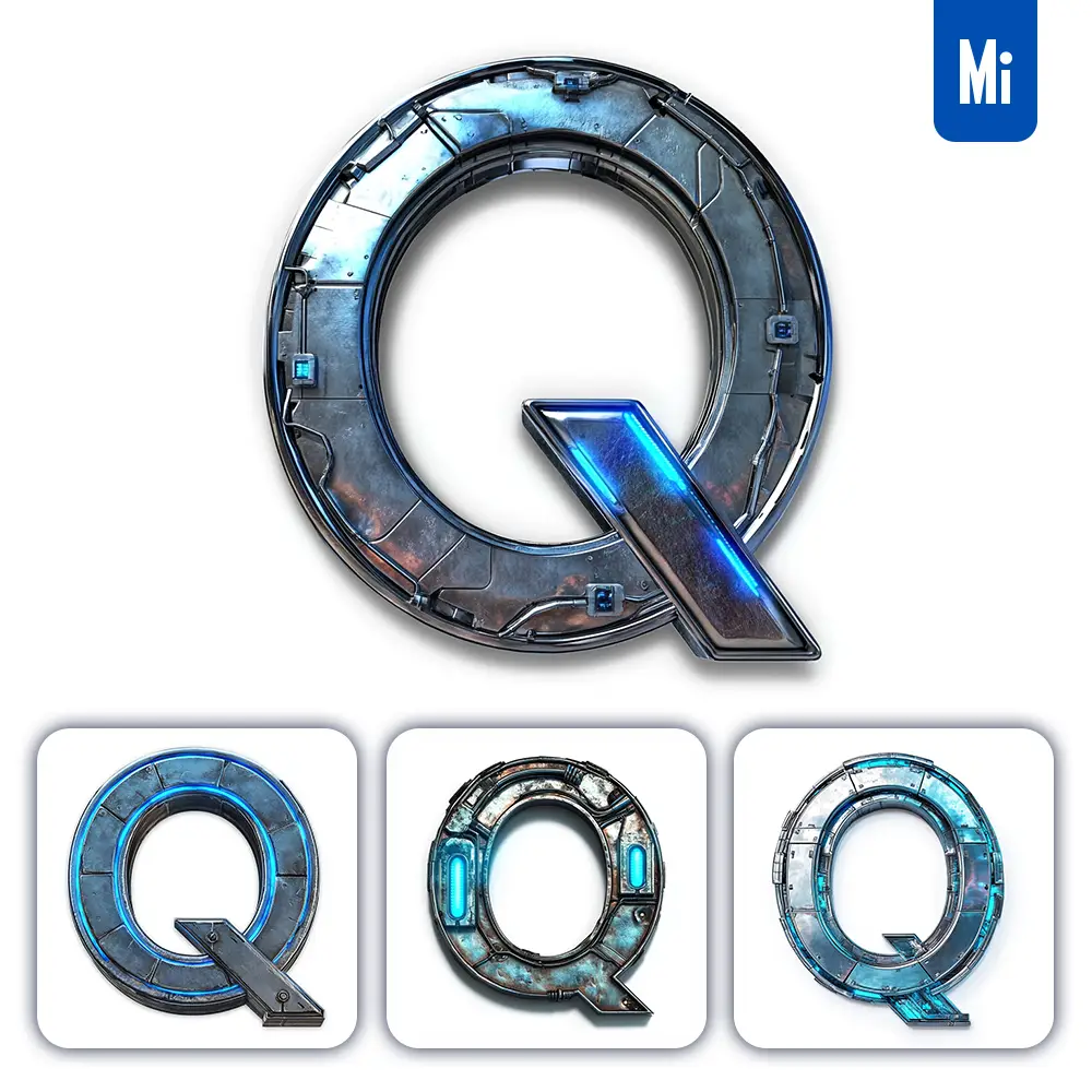 midjourney prompt Q letter cyberpunk steel technology futuristic 3D blue