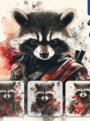 Midjourney Prompt Rocket Raccoon Marvel Comics Front Portrait Chinese Ink Painting Brush Strokes Pose Traditional Artistic Monochrome