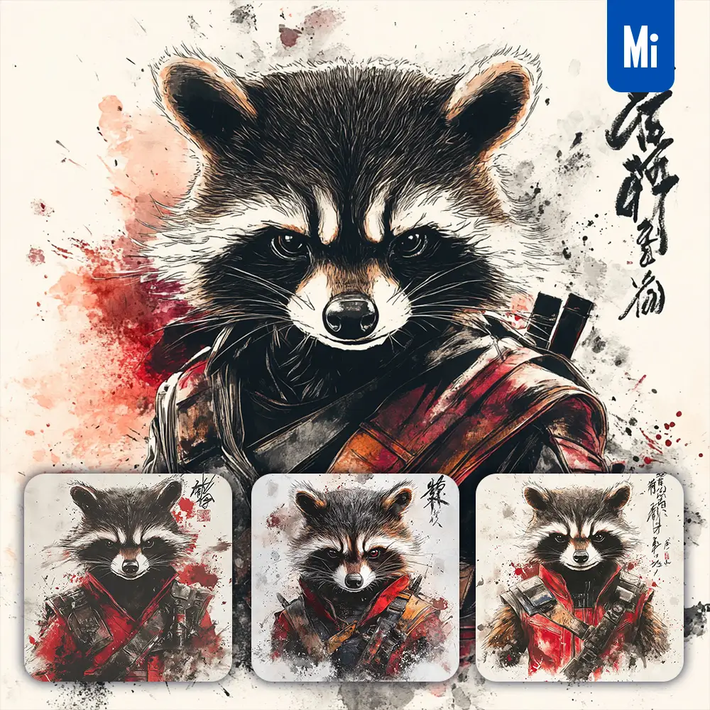 Midjourney Prompt Rocket Raccoon Marvel Comics Front Portrait Chinese Ink Painting Brush Strokes Pose Traditional Artistic Monochrome