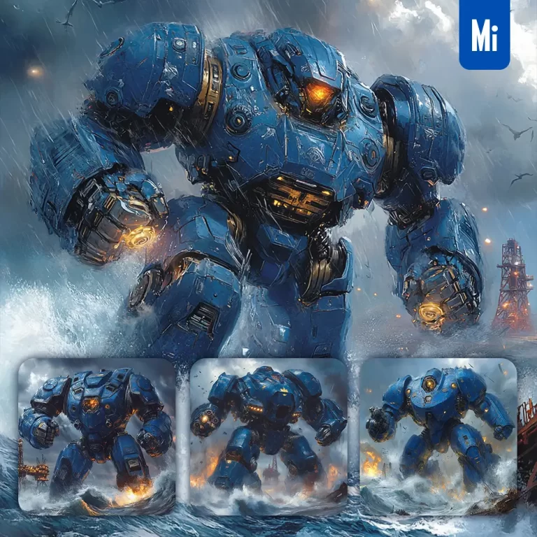 midjourney prompt Romeo Blue mecha combat sci-fi heroic war machine painting character design setting science fiction action fight