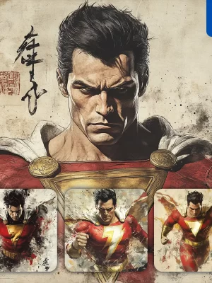 Midjourney Prompt Shazam Dc Comics Front Portrait Chinese Ink Painting Brush Strokes Pose Traditional Artistic Monochrome