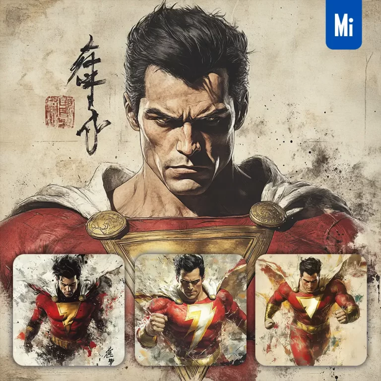 midjourney prompt Shazam DC Comics front portrait Chinese ink painting brush strokes pose traditional artistic monochrome