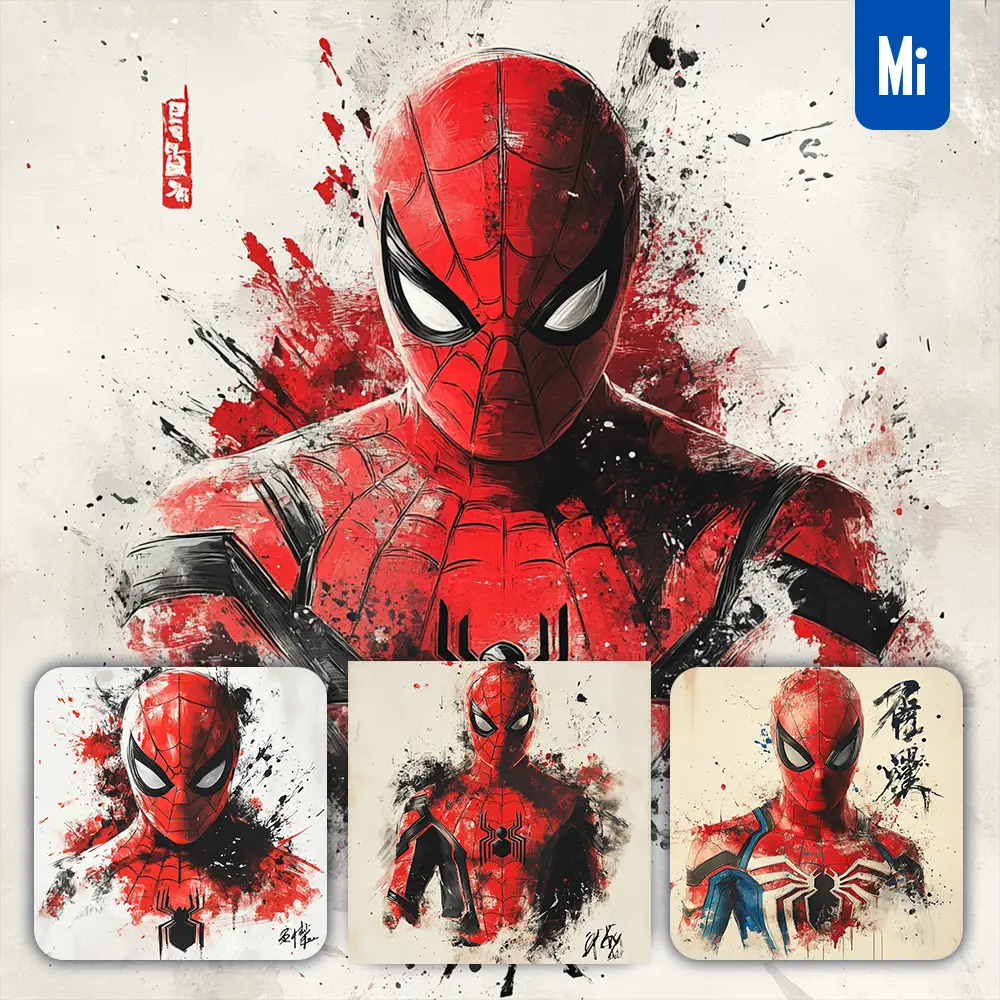 Midjourney Prompt Spider Man Marvel Comics Front Portrait Chinese Ink Painting Brush Strokes Pose Traditional Artistic Monochrome