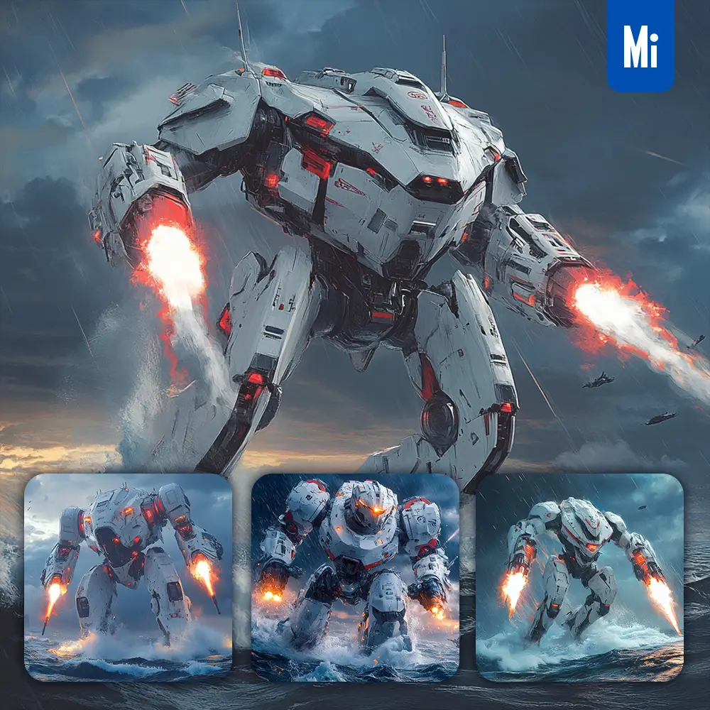 Midjourney Prompt Striker Eureka Mecha Combat Sci Fi Heroic War Machine Painting Character Design Setting Science Fiction Action Fight